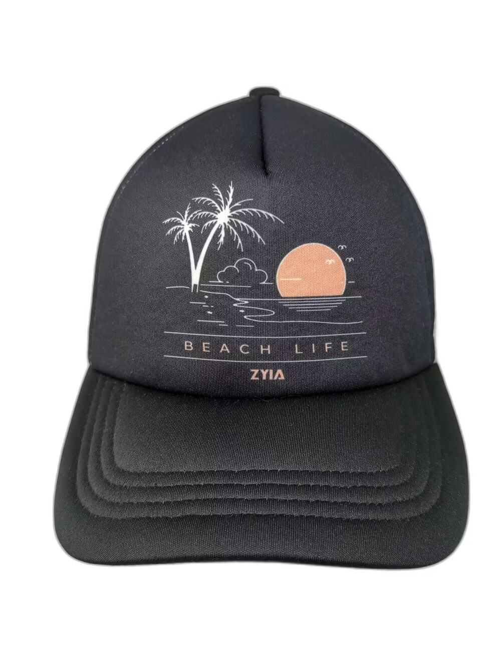 Zyia Beach Life Palm Tree Sun Trucker Hat Black White One Size Snapback Mesh